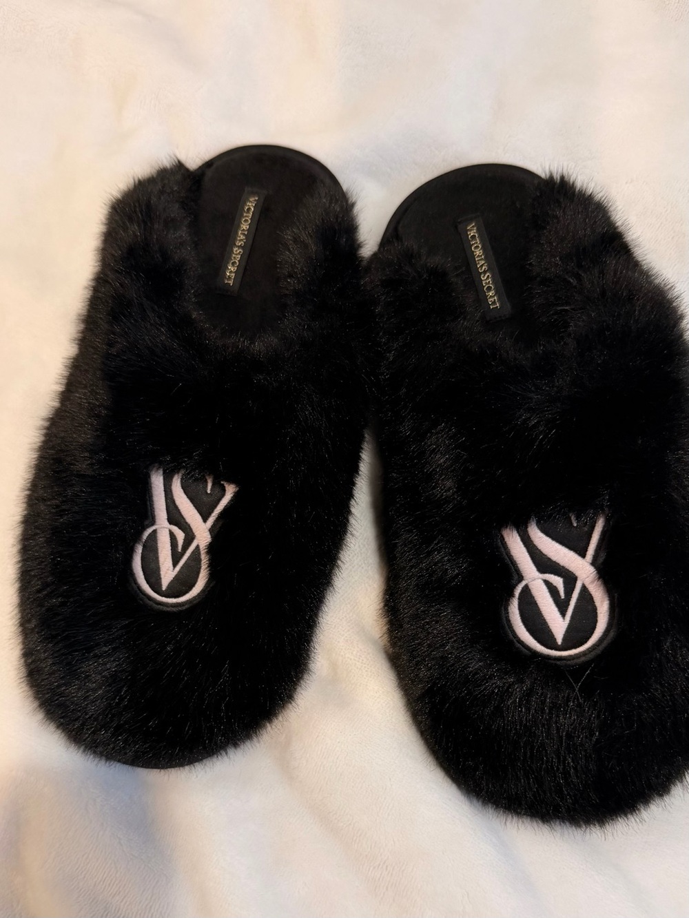 Victoria's Secret Black Faux Fur Slide Slippers with Pink Logo